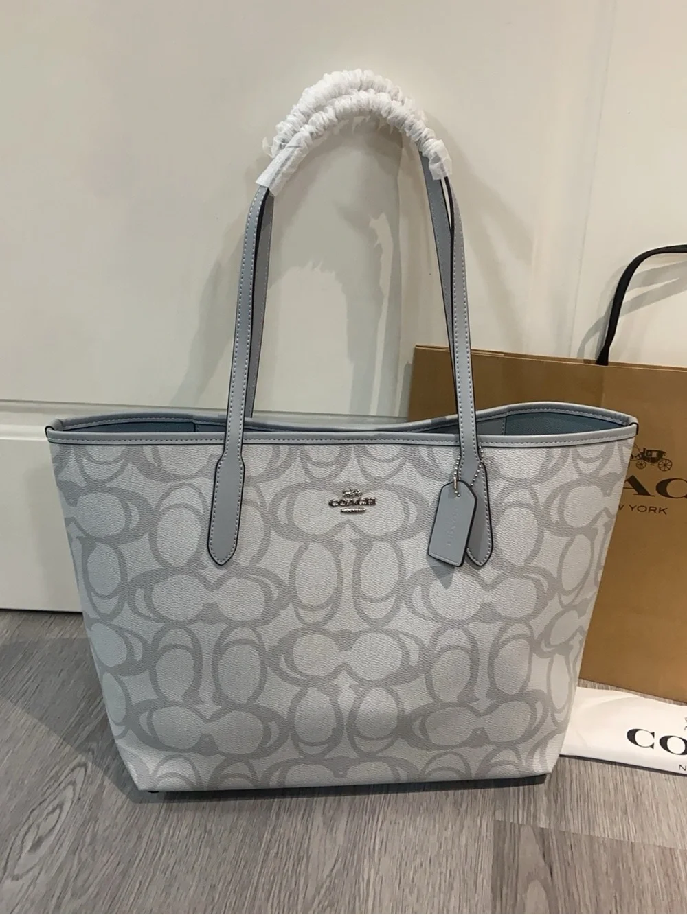 Coach Signature Reversible Tote in Light Gray and White